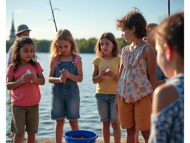 Group of diverse children learning to fish with an instructor on a pier