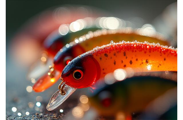 A collection of detailed, colorful artisanal fishing lures, shimmering under light