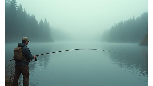 Fly fisherman casting a line on a misty morning lake, tranquil and serene